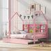 Wooden Full Size House Bed with Trundle,Kids Bed with Shelf for Bedroom, Pink