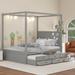 Queen Size Canopy Bed Wood Frame Platform Bed with Twin Size Trundle Bed and Three Storage Drawers & Headboard Included