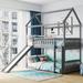 House Bunk Beds with Slide, Twin Over Twin Floor Bunk Bed Frame, Wood Playhouse Bunkbed w/Safety Guardrails & Roof Design, Grey
