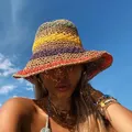 Chapeau de paille rayé arc-en-ciel pour femme chapeau au crochet pour la main protection UV d'été