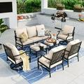 Summit Living 7 Pcs Outdoor Conversation Set Metal Patio Furniture Sofa Set for 9 Person with Beige Cushions