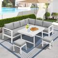 CozyHom Outdoor Patio Aluminum Furniture Sofa Set Metal Outside Patio Furniture Conversation Sets with Dining Table&2 Ottomans Sectional Sofa Couch Seating Set with Cushion Wthite