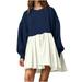 FAIWAD Dresses for Women Long Sleeve Round Neck Patchwork Sweatshirt Pullover Dress Party Lounge Dress (Small Navy)