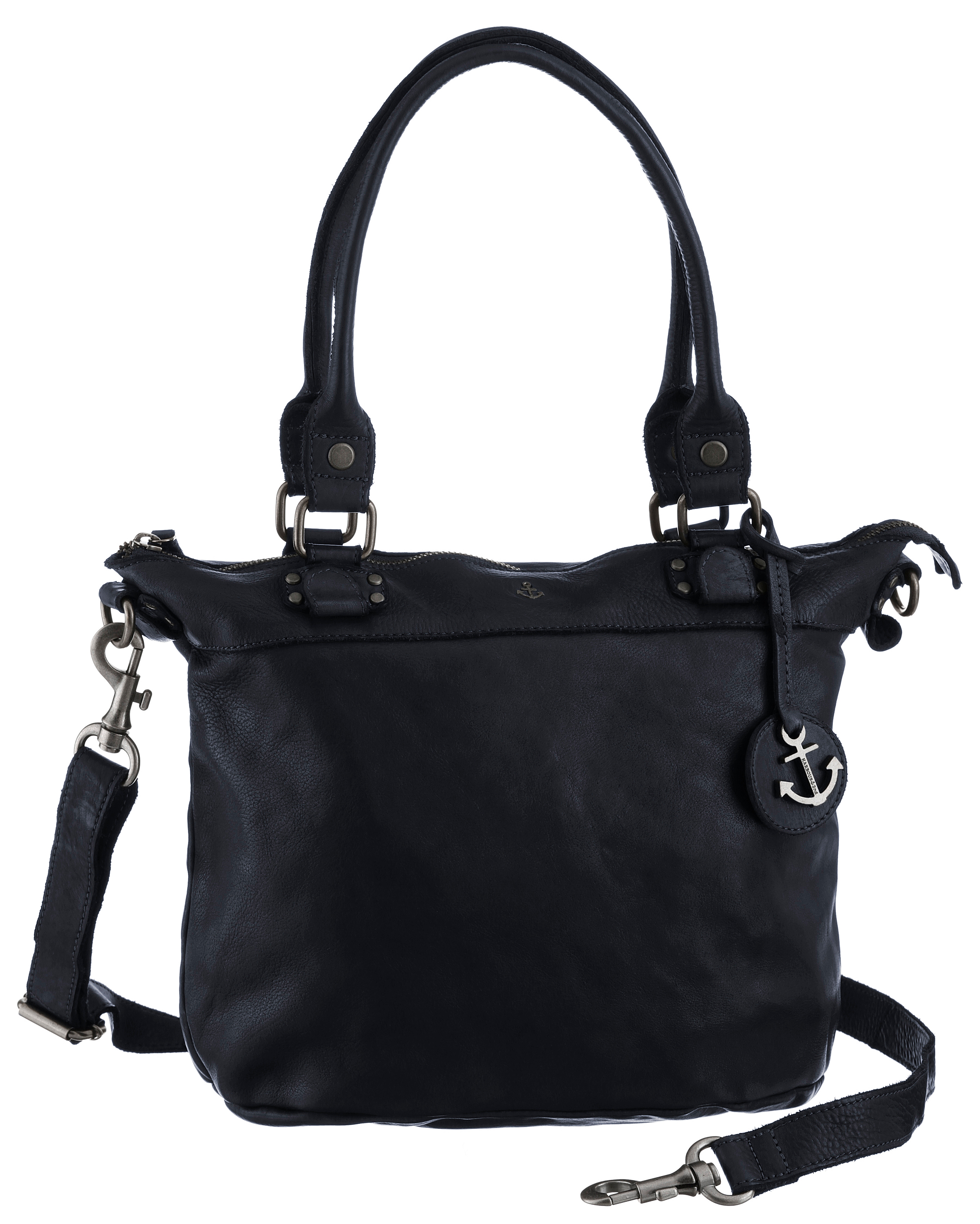 Shopper HARBOUR 2ND "Bianca", Damen, Gr. B/H/T: 34cm x 27cm x 12cm, blau (navy), Leder, Taschen, aus Leder mit typischen Marken-Anker-Label und Schmuckanhänger Image
