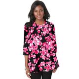 Plus Size Women's Stretch Knit Swing Tunic by Jessica London in Cherry Red Floral Print (Size 12) Long Loose 3/4 Sleeve Shirt