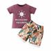 Penkiiy Kids Clothes Sets Girl Boys 0-24 Months Toddler Baby Boys Letter Printed Short Sleeved T-shirt Leaf Flower Printed Shorts Set Purple 3-6 Months