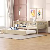 Twin Size Wood Kids Daybed Platform Sofa Bed with Trundle & Guardrails