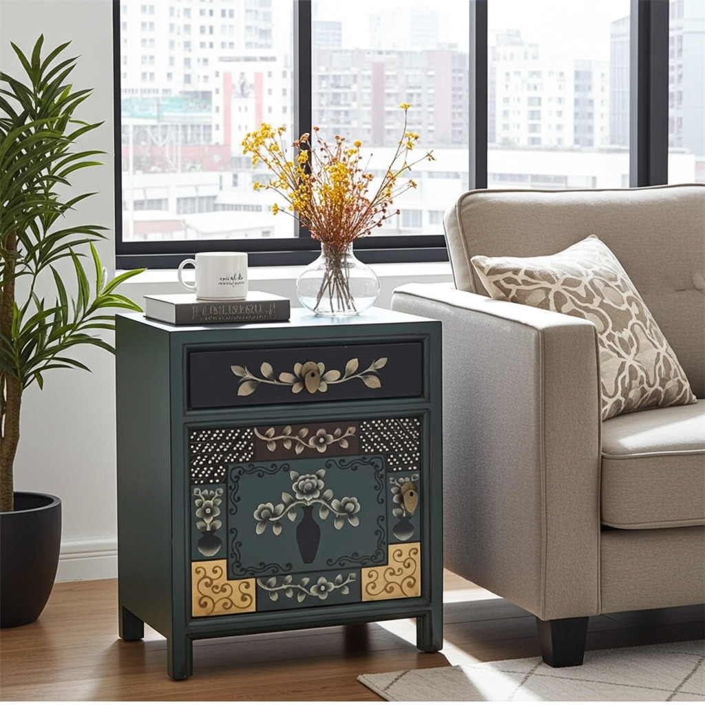 OPIUM OUTLET Möbel Kommode Nachttisch Nachtschrank Nachtkonsole Nachtkästchen "Oceanflowers" 35191-6 blau asiatisch chinesisch orientalisch Image