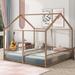 Double Twin Beds for Kids, Twin Size Metal House Bed, Two Shared Beds for Boys & Girls, Kids Bed with Guardrails & Roof