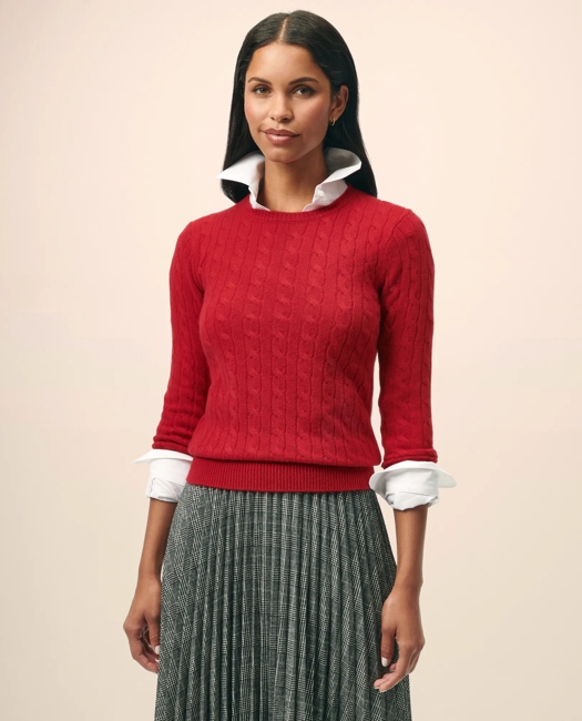 Brooks Brothers Women's Cashmere Cable Crewneck Sweater | Bright Red | Size XS