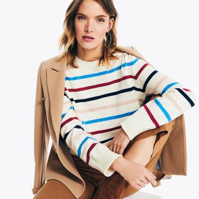 Nautica Women's Sustainably Crafted Striped Crewneck Sweater Marshmallow, XXL