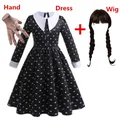 Costume de cosplay de carnaval d'Halloween gothique noir pour enfants robe à col imprimé mercredi