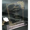 InPorter acrylique personnalisée avec fleur rose dorée menu de mariage imprimé invitation
