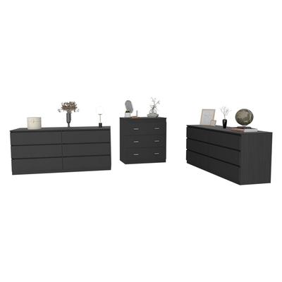 Medway 3 Piece Bedroom Set, 2 Cocora 6 Drawer Double Dressers + Capri Three Drawer Dresser, Black - Depot E-Shop CBED139