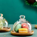 Wood Cake Tray with Glass Dome Round Clear Cloche Dome Cake Plate Server Cake Display Cover Glass Cake Pan Cover Food Plate Lid for Cake Dessert Cheese Pastries