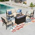 Summit Living 4 Pieces Patio Conversation Set with 45 inch Gas Fire Pit Table Outdoor Furniture Metal Sofa Set with Beige Cushions for 5 Person