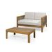 GDF Studio Allegra Outdoor Acacia Wood and Wicker Loveseat and Coffee Table Set with Cushions Teak Mixed Brown Beige