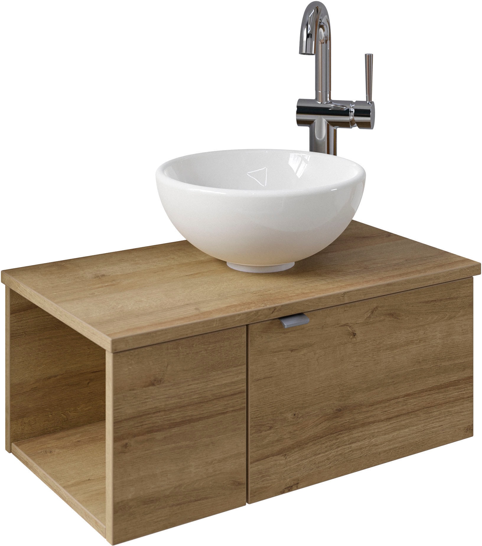 Waschtisch SAPHIR "Serie 6915 Waschschale mit Unterschrank für Gästebad, Gäste WC", braun (riviera eiche, riviera eiche, riviera eiche quer nb), B:61cm H:39,8cm T:35cm, Waschtische, 61 cm breit, 2 Türen, offenes Fach, kleine Bäder, ohne Armatur