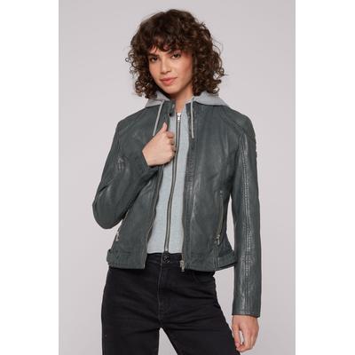 Lederjacke SOCCX, Damen, Gr. XL, grün (dunkelgrün), Material: 100% Leder, Material Kapuze: 55% Baumwolle, 45% Polyester, Futter Rumpf: 100% Baumwolle, Futter Ärmel: 100% Polyester, unifarben, casual, tailliert normal, Langarm eingesetzt gerader...