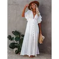 Robe de plage blanche longue et décontractée pour femmes cover-up sexy pour bikini tunique d'été