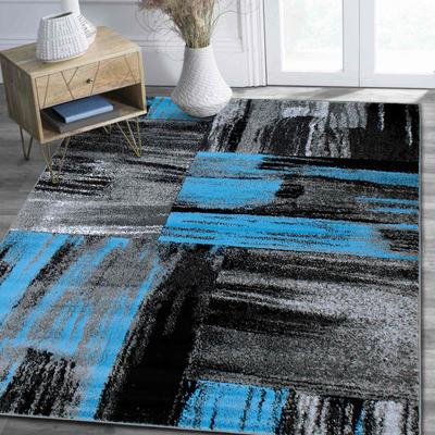 HR Blue, Grey, Silver, Black, Abstract Contemporary Design Brush Pattern Rug