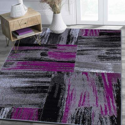HR Purple Grey, Silver, Black, Abstract Contemporary Design Brush Pattern Rug