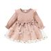 YDOJG Dresses For Girls Toddler Kids Baby Long Ruffled Sleeve Ribbed Bowknot Tulle Dress Princess Dress Outfits For 18-24 Months