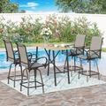 Summit Living 5 Piece Outdoor Bar stool Set 4 Counter Height Chairs with Armrests&1 rectangular bar table with Umbrella Hole Black and Grey