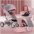 Baby Pram Stroller Carriage for Newborn, 3 in 1 High Landscape Convertible Baby Stroller Folding Infant Reversible Bassinet with Footmuff, Mosquito Net, Oversize Storage Basket (Color : Pink)