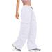 RYRJJ Parachute Pants for Women Baggy Cargo Pants Multi-Pocket Elastic Low Rise Y2K Pants Teen Girls Wide Leg Jogger Trousers Streetwear White L