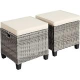 Jiarui 2 Pieces Patio Rattan Ottomans Outdoor Wicker Footstool Footrest Seat with Soft Cushions and Steel Frame All-Weather Patio Ottoman Set for Backyard Garden Poolside (White)
