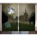Gothic Curtains 2 Panels Set Old Village and Graves with Medieval Castle and Full Moon Birds Fog Horror Art Window Drapes for Living Room Bedroom 108W X 84L Inches Beige Green by Ambesonne