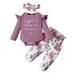 Mikrdoo Baby Girls Outfits 3 Months Baby Girls Letter Print 6 Months Baby Girls Romper Top Floral Print Pants Headband 3Pcs Winter Clothes Set Purple