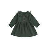 Qtinghua Toddler Baby Girls Long Sleeve Dress Casual Lapel Collar Buttons Ruched A line Princess Party Dress Green 2-3 Years