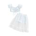 Nituyy Girl s Two-Piece Suit Toddler Kid Girl Ruffle Trim Drawstring Pleated Short Sleeve Tops Patchwork Mesh Shorts