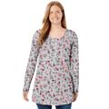 Plus Size Women's Perfect Printed Long-Sleeve Henley Tee by Woman Within in Heather Grey Red Pretty Floral (Size L) Polo Shirt