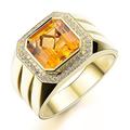 Men's Natural Big Citrine Gemstone Diamond Solid 14ct Yellow Gold Wedding Engagement Promise Fashion Band Ring Set