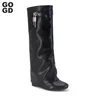 GOGD-Shlavabo Lock Wedges High Heels Boots for Women Zipper Knee-Length Boots Round-Parker