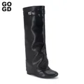 GOGD-Shlavabo Lock Wedges High Heels Boots for Women Zipper Knee-Length Boots Round-Parker