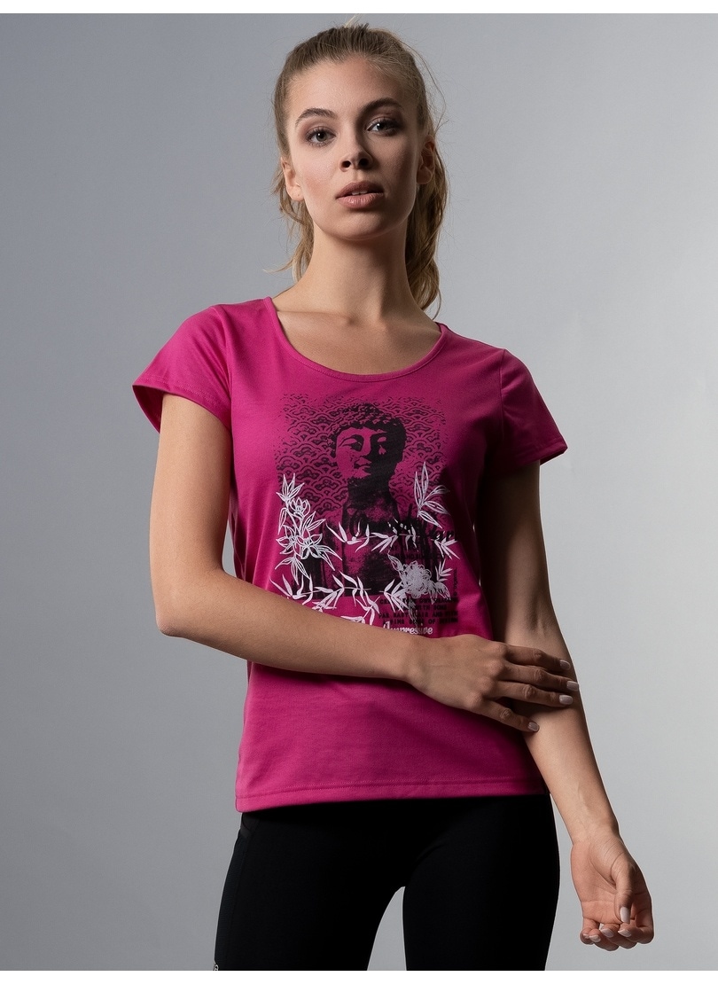 „T-Shirt TRIGEMA „“TRIGEMA Slim Fit mit Buddha-Print““ Gr. M, rosa (hibiskus) Damen Shirts Jersey“