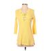 All At Once Casual Dress - Mini Tie Neck 3/4 sleeves: Yellow Solid Dresses - Women's Size Small