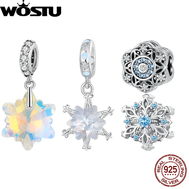 WOSTU-Breloque flocon de neige en argent regardé 925, bleu, contreindiqué, perles de cone, opale, pendentif fleur de glace, convient au bracelet original, bricolage, bijoux d'hiver
