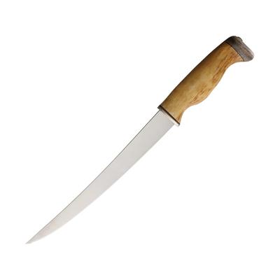 Wood Jewel Curly Birch Large Fillet Knife 13.5in Overall 8.75in Satin Finish Stainless Blade Curly Birch Handle Leather Sheath 23FPI