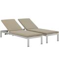 Shore Set of 2 Outdoor Patio Aluminum Chaise w/ Cushions by Modway Metal in Brown | 19.5 H x 25 W x 76 D in | Wayfair EEI-2737-SLV-BEI-SET