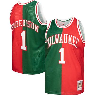 Herren Mitchell & Ness Oscar Robertson Grün/Rot Milwaukee Bucks Hardwood Classics 1971/72 Split Swingman Trikot Image