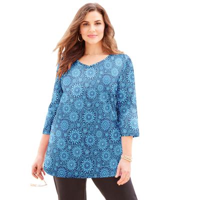 Plus Size Women's Suprema 3/4 Sleeve V-Neck Tee by Catherines in Navy Crystal Medallion (Size 1X)