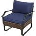 Single Outdoor Armchair Rattan Sofa Cushioned Patio Chair U Leg Metal Club Furniture For Balcony Porch Garden Deck Blue