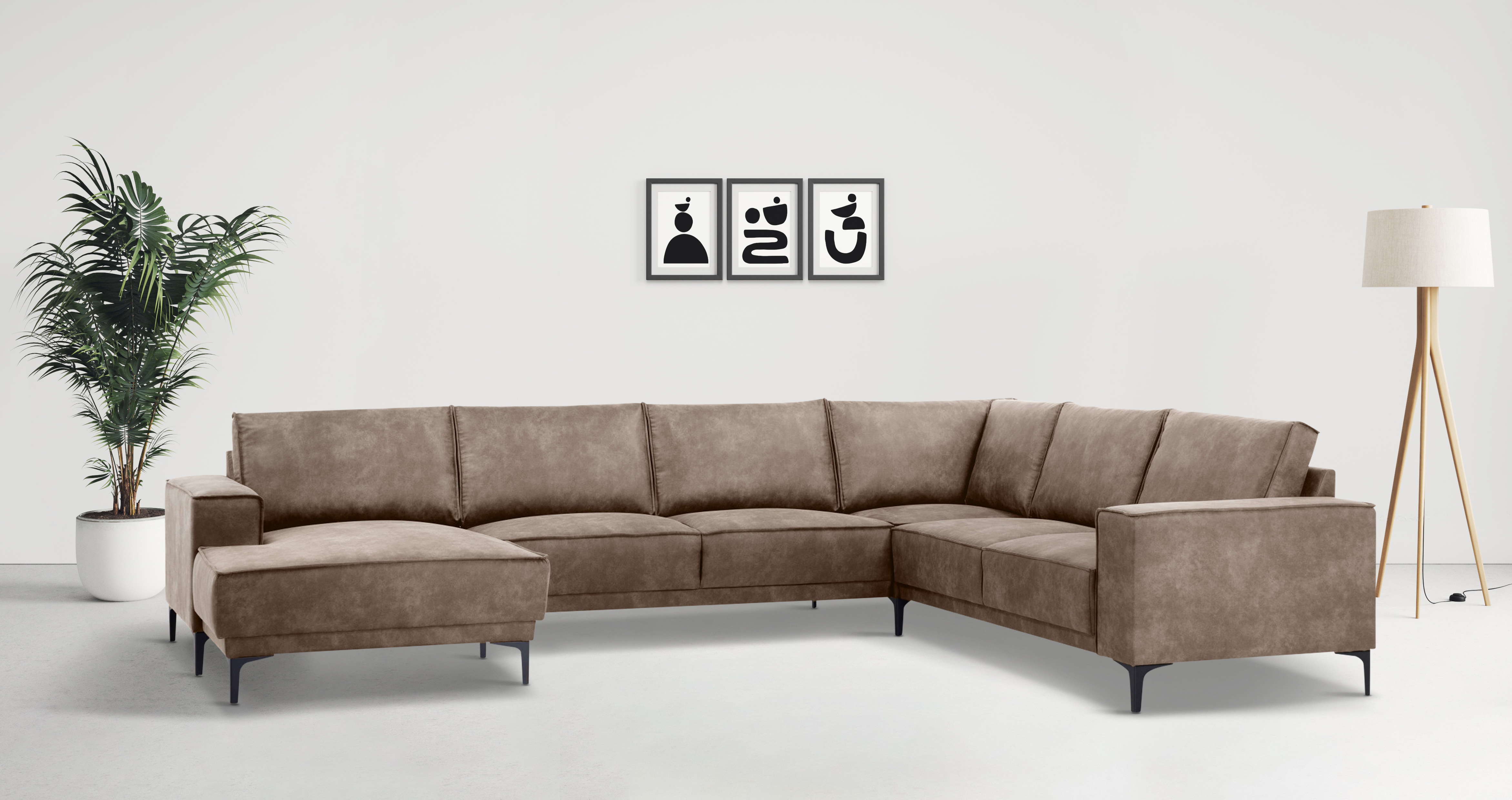 Wohnlandschaft OTTO HOME "XXL Sofa Oland, Struktur, Flachgewebe, Luxus-Microfaser, Boucle", grau (taupe), B:342cm H:85cm T:260cm, 100% Polyester, Sofas, Wohnlandschaft, U-Form, 342 cm, Wellenunterfederung, Skandi-Design, Metallfüße