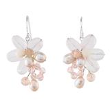 Elegant Flora,'Rose Quartz and Cultured Pearl Dangle Earrings from Thailand'