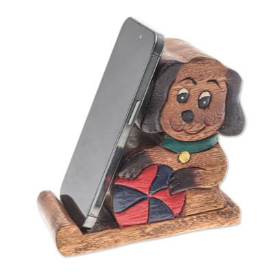 'Dog-Themed Painted Hand-Carved Raintree Wood Phone Holder'